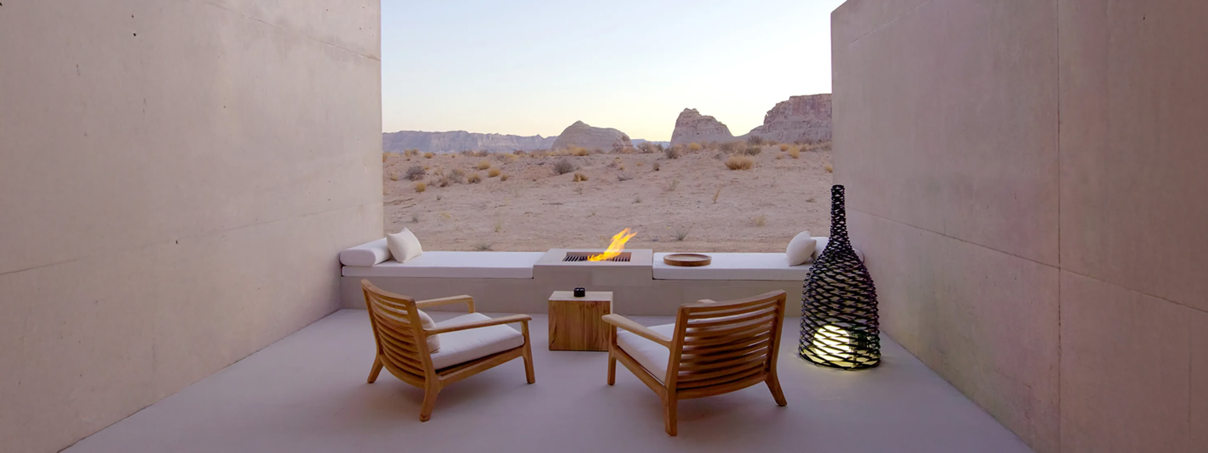 Luxury outdoor living space with desert landscape