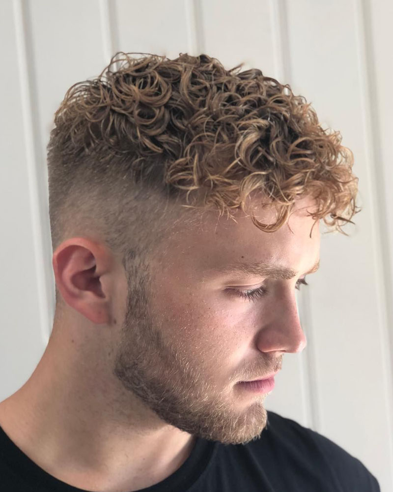 men curly hairstyles wet dyed curled top with low fade Luxe Digital