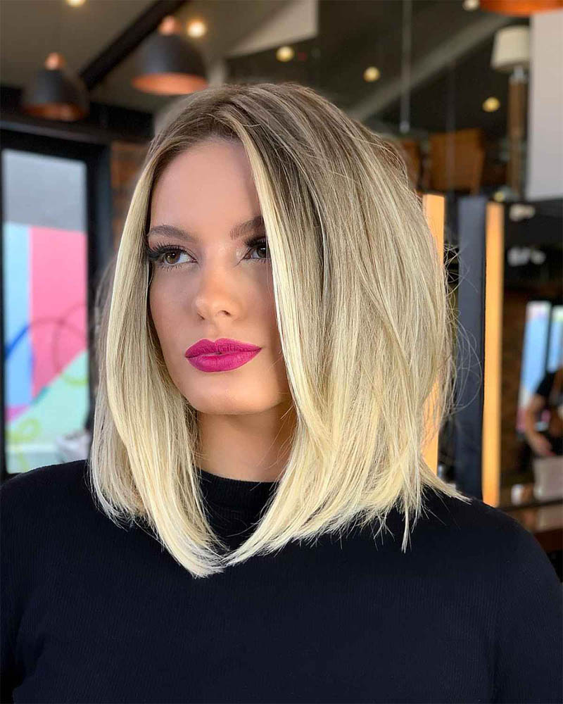 medium length hairstyles women blonde a line lob with face framing layers Luxe Digital