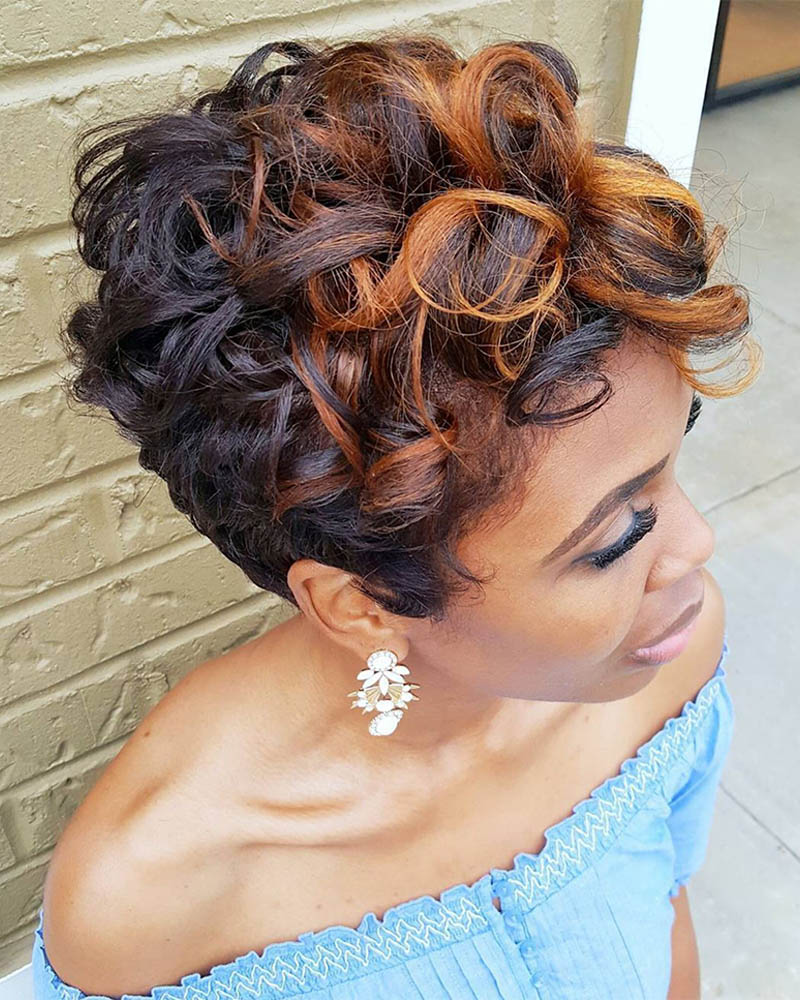 black women short hairstyles short curled hairstyle with copper highlights Luxe Digital