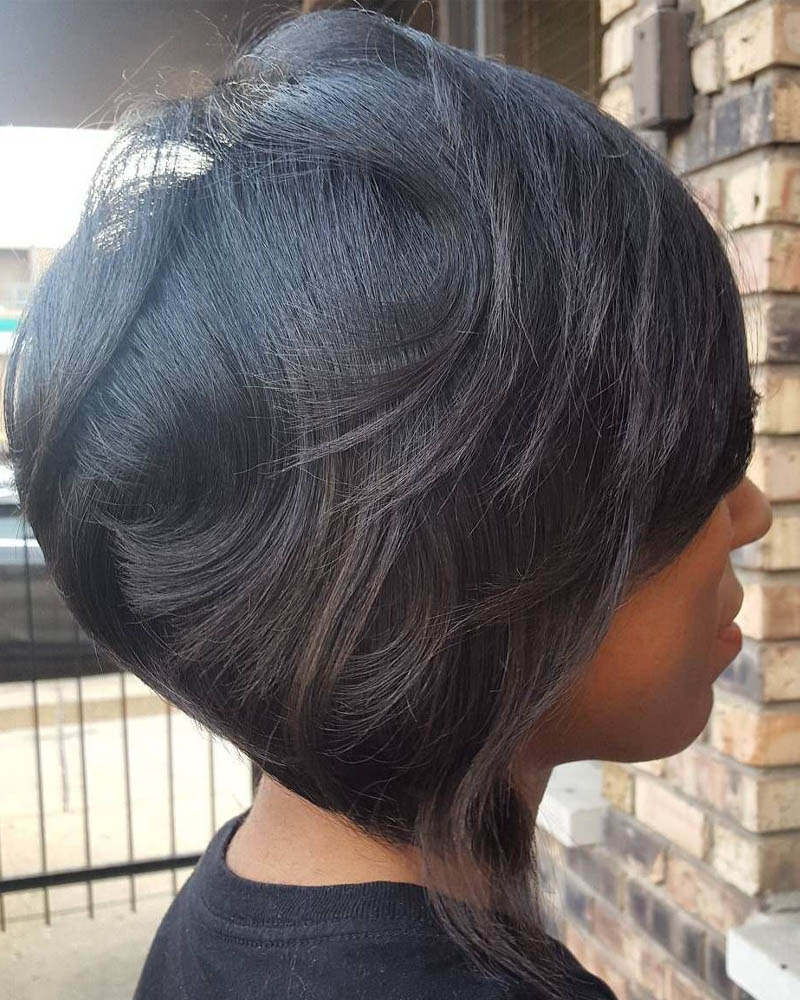 black women short hairstyles black stacked bob with flicked layers Luxe Digital