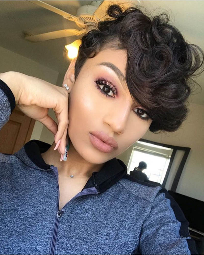 black women short hairstyles curly pixie with long feathery bangs Luxe Digital