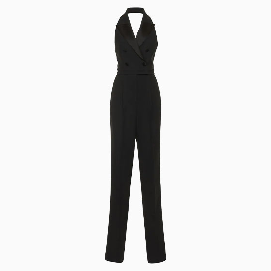 luisaviaroma party outfit women michael kors collection embellished crepe sable halter neck tuxedo jumpsuit - Luxe Digital