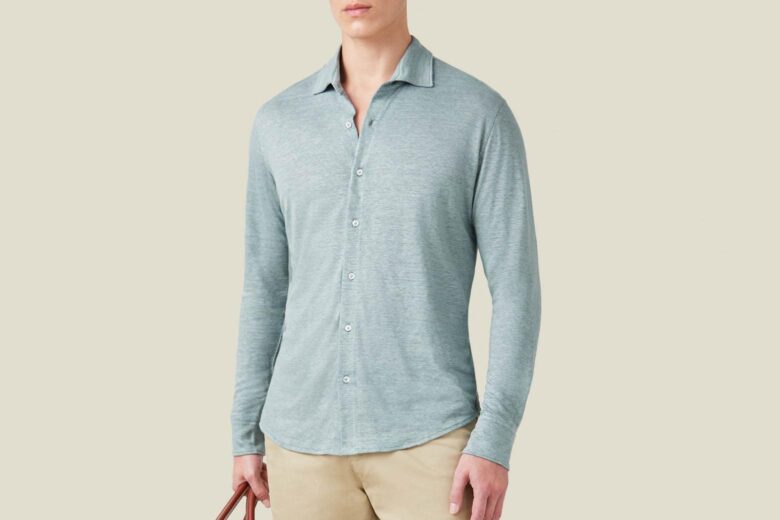 luca faloni spring summer 2023 sea grey linen jersey shirt - Luxe Digital