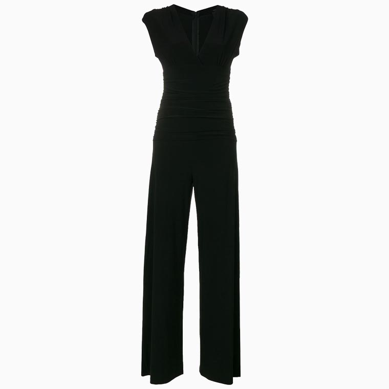 women cocktail attire guide norma kamali ruched plunge jumpsuit - Luxe Digital