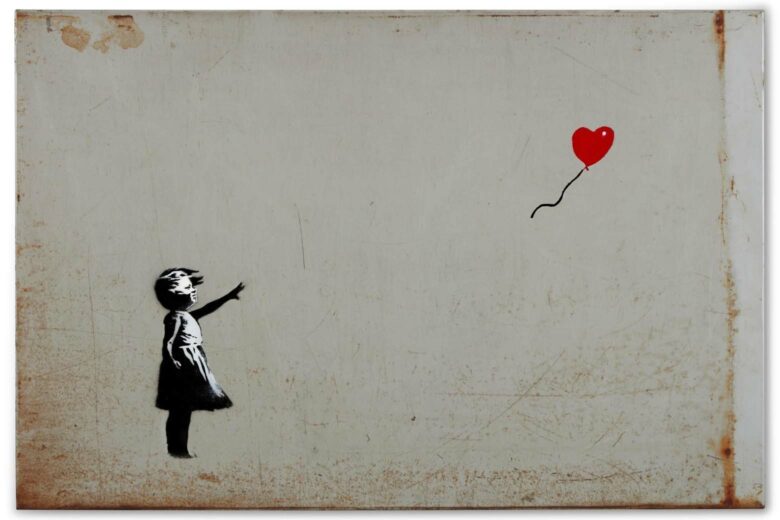 most expensive banksy girl with balloon stencil and spray paint on metal - Luxe Digital