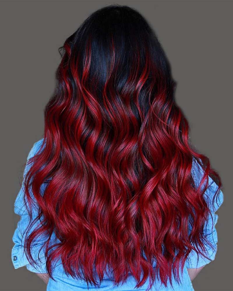 black hair highlights fiery red highlights on jet black base - Luxe Digital
