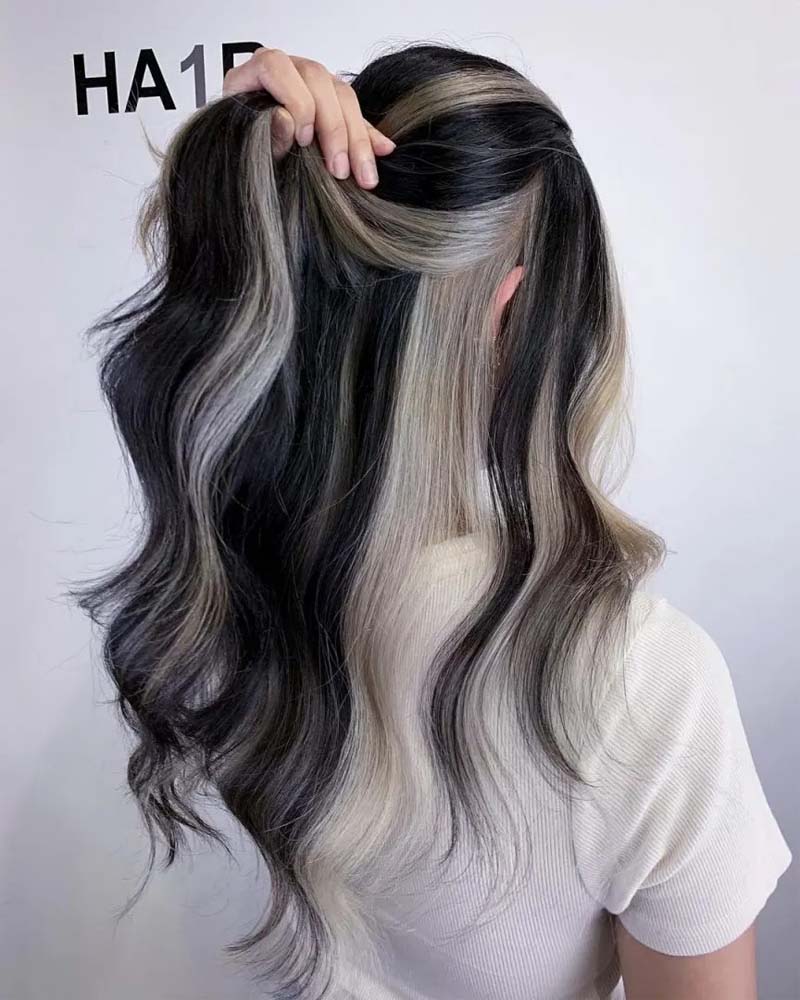 black hair highlights gray peekaboo highlights on black hair - Luxe Digital