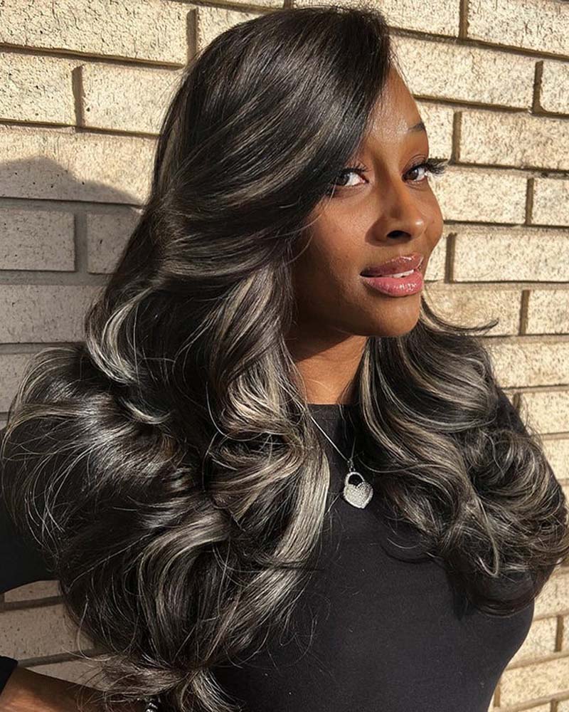 black hair with all over platinum highlights - Luxe Digital