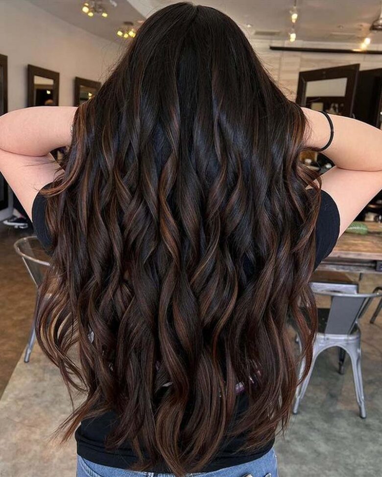 black hair with chestnut highlights - Luxe Digital