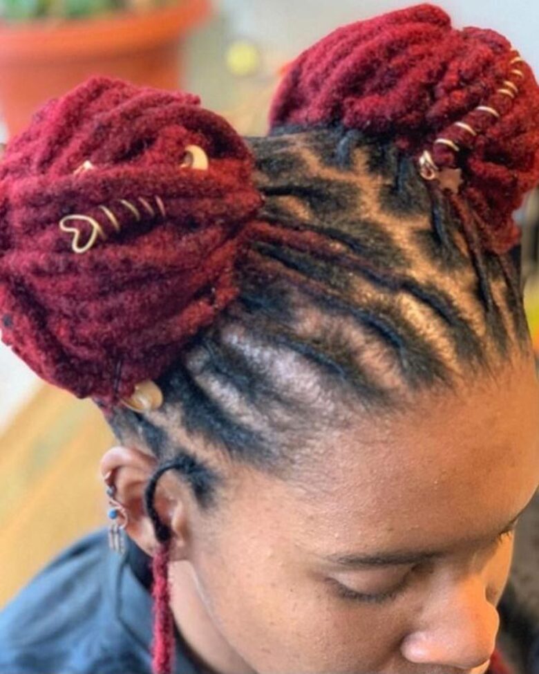 women dreadlock hairstyles yarn dreads in two high buns - Luxe Digital