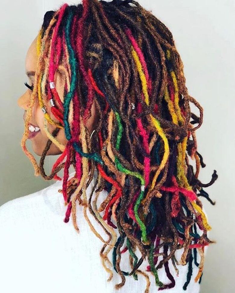 women dreadlock hairstyles rainbow inserts for short dreads - Luxe Digital